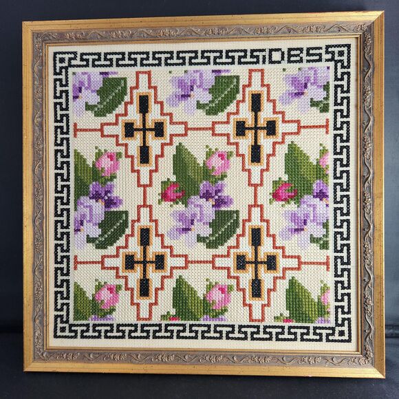 Cross Stitch Wall Art Hand Stitched Geometric w Violets & Roses Frame Greek Key - Picture 1 of 6